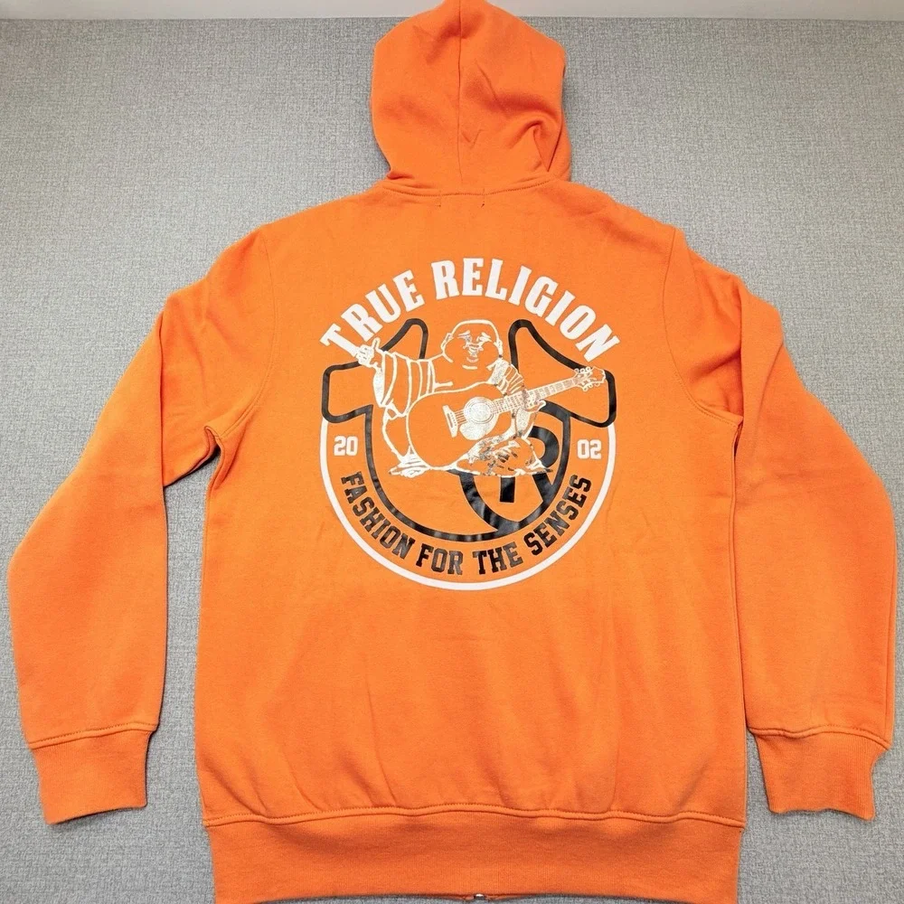 True Religion Metallic Buddha Zip Hoodie Mens M Papaya Orange Fleece NWT 700440